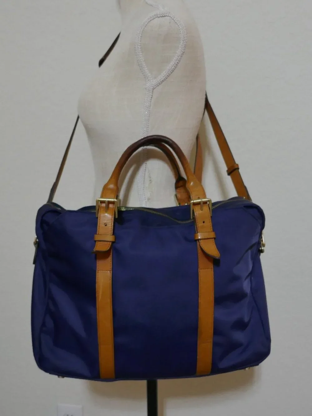 STUART O LAU The Cary Blue Nylon Briefcase Tan Leather Trim Laptop Bag
